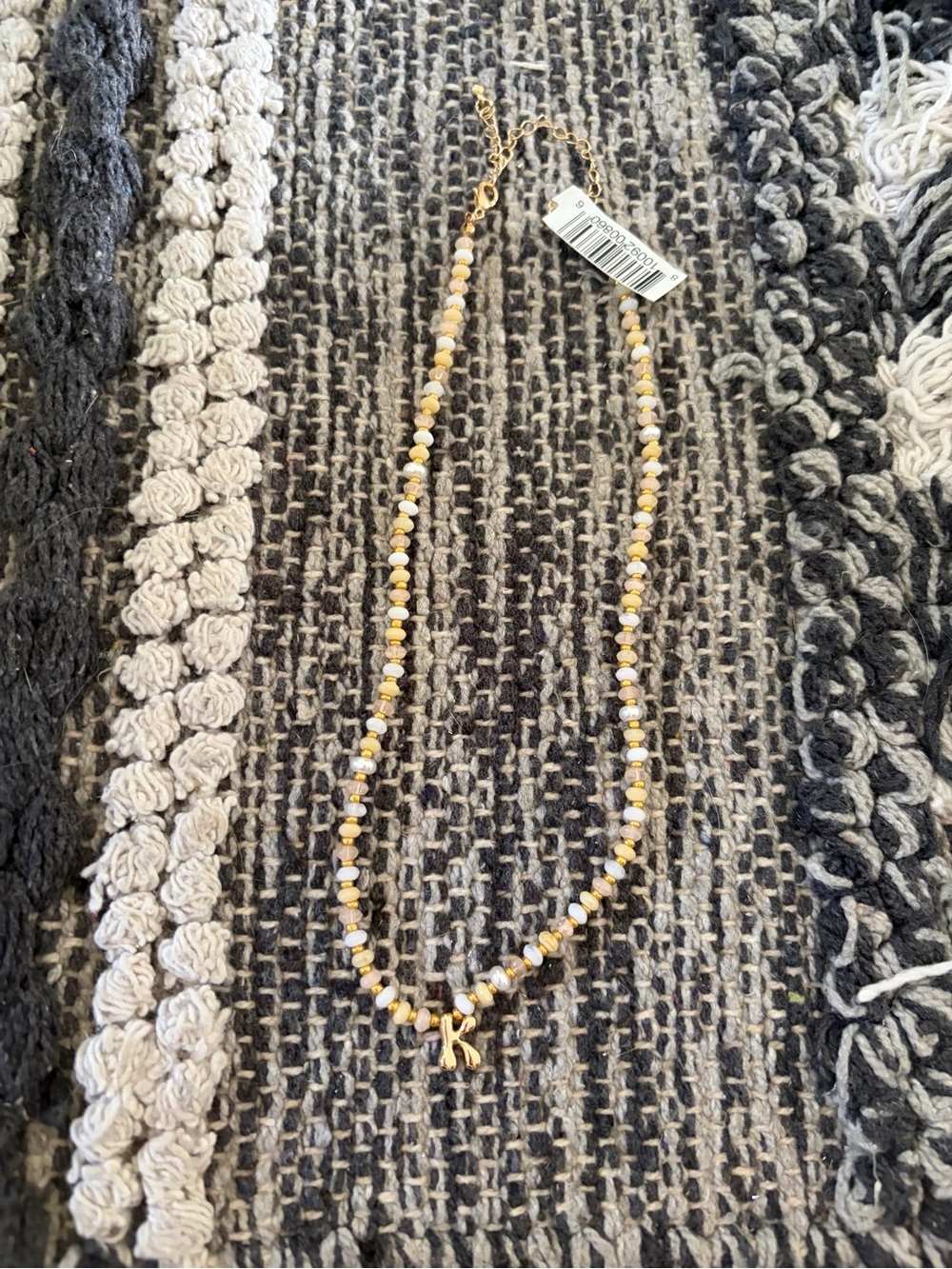 Gold and Cream Beaded Necklace with Initial K Charm - Women's Jewelry